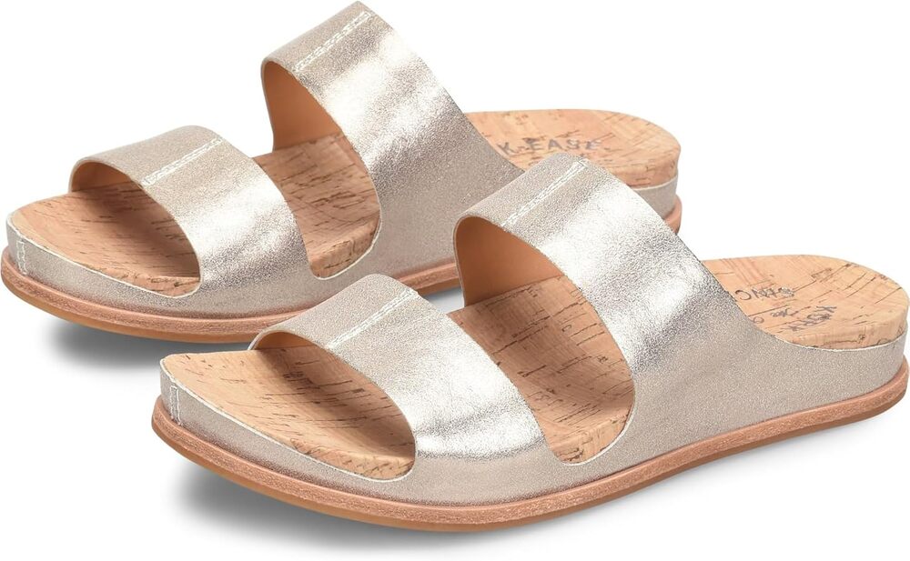 Kork Ease Tutsi Dual Band Slides Sandals Cork Italian Leather Metallic Gold 9